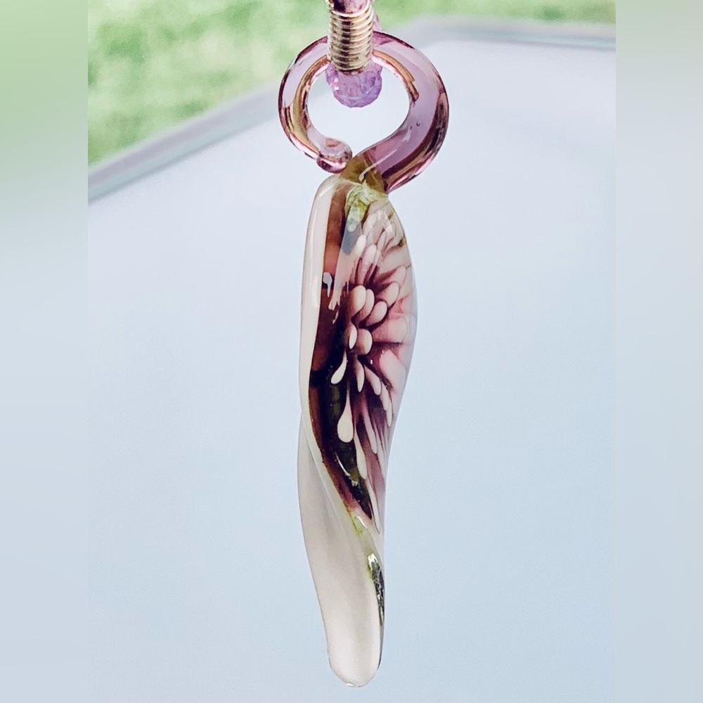 Lavender and Green Floral Hand-Blown Studio Art Glass Implosion Necklace - Picture 4 of 5